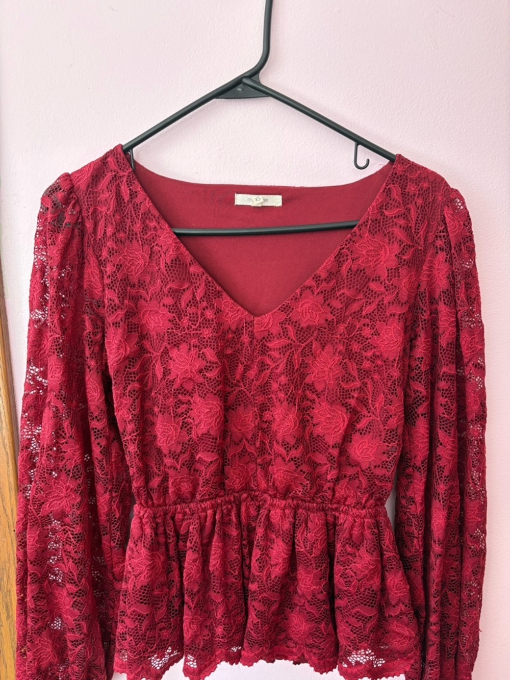 Maurices Crimson Lace V-Neck Long Sleeve Peplum Top